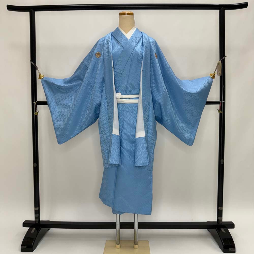 男紋付 2点セット 男着物 紋付 ポリエステル 羽織 長着 裄73.8cm L size 水色 五つ紋 中古 成人式 5051
