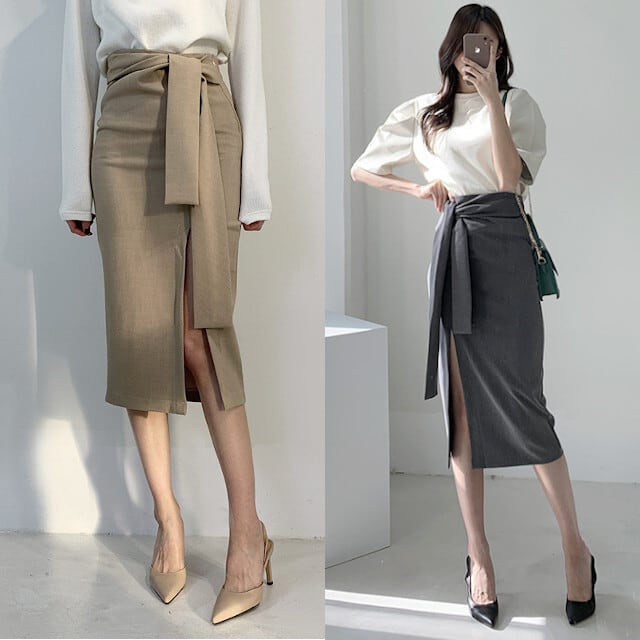 全3色 ベージュ/グレー/ブラック レディース スカート サイドスリット リボンベルト 膝下丈 タイト S/M/L