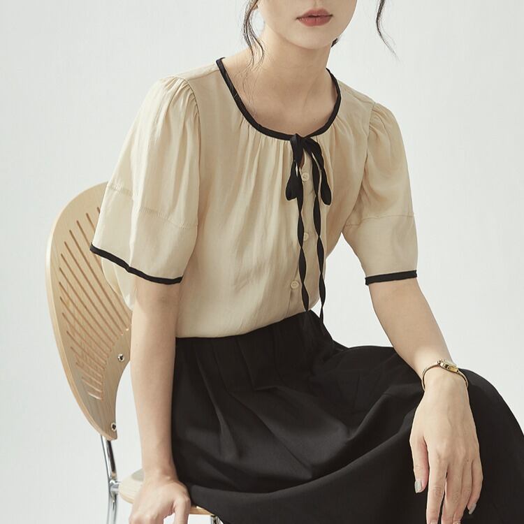 リボンタイ ラウンドネック半袖ブラウス 00163