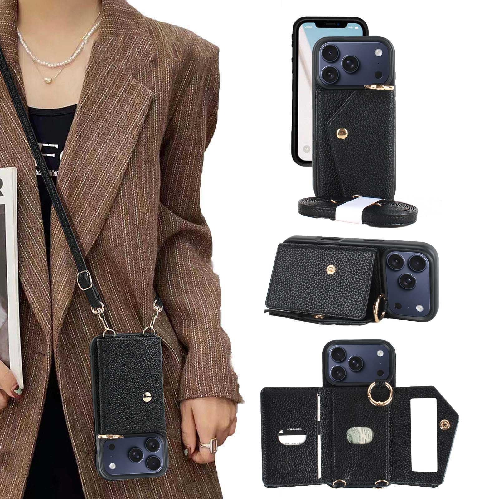 Dahimomo For iPhone 17 Promax ケース 手帳型 イフォン17プロマックス ケース ショルダー 背面カード収納 スマホケース iPhone17promax スタンド機能 化粧鏡 アイフォン17 プロマックス カバー ストラップ 肩掛け 鏡付き 携帯ケース いphone17 pro max 全面保護 耐衝撃 おしゃれ 防水 高級 レザー - ブラック