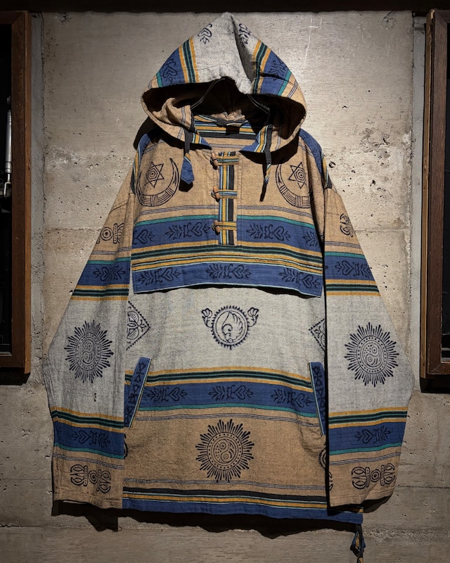 【Caka】Ethnic Border Pattern Vintage Hooded Loose Pullover