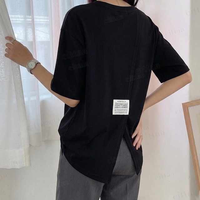 【即納】Y-4980　2026夏新作♡MACHINEラベル付きバックスリットデザイン半袖Tシャツ　ブラック　0707