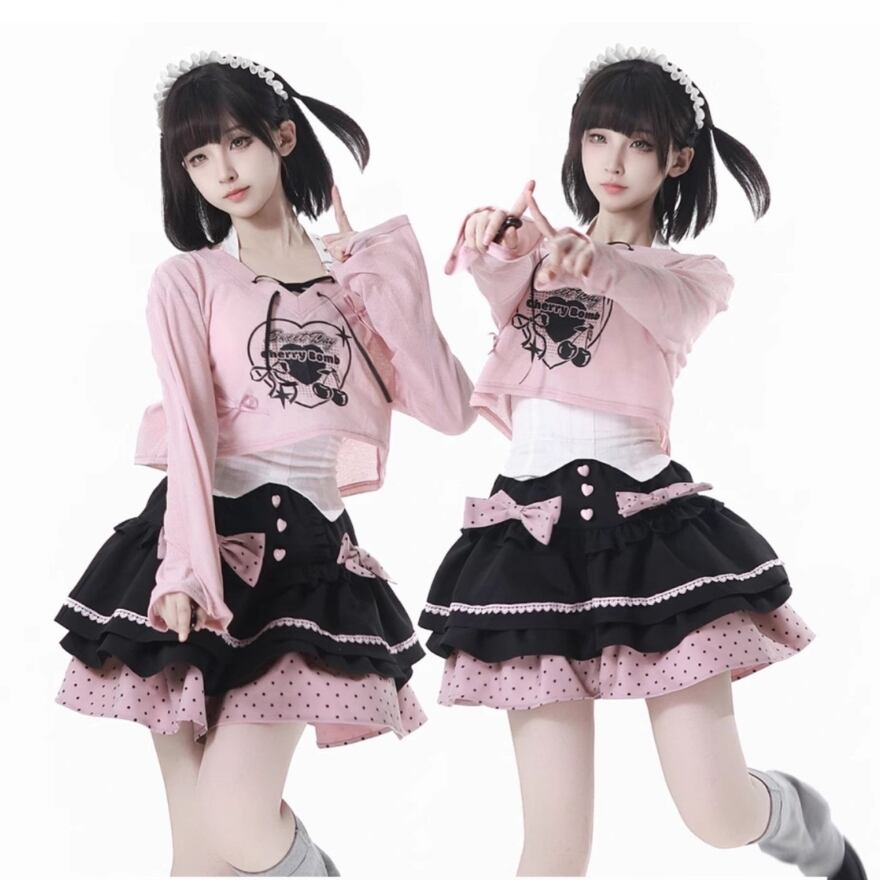 夢かわいい 3点セット セットアップ セミロリ シャツ インナー ミニスカート リボン pinksavior