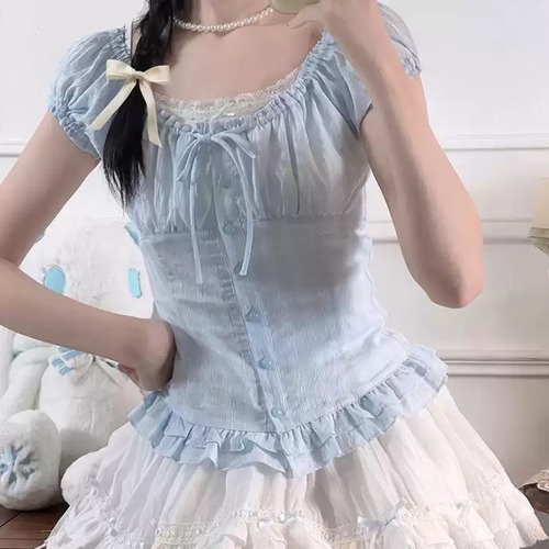 【2点セット】パフスリーブギャザーフリルブラウス＋リボンティアードスカート ・69809