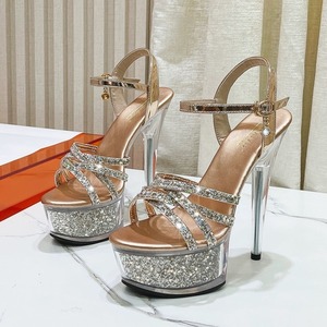 グリッタースパンコールプラットフォームハイヒールサンダル、ファッションオープントゥアンクルストラップスティレットヒール