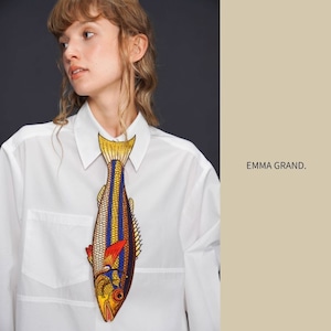 黄金の潮を泳ぐサバ刺繍ネクタイ E00568