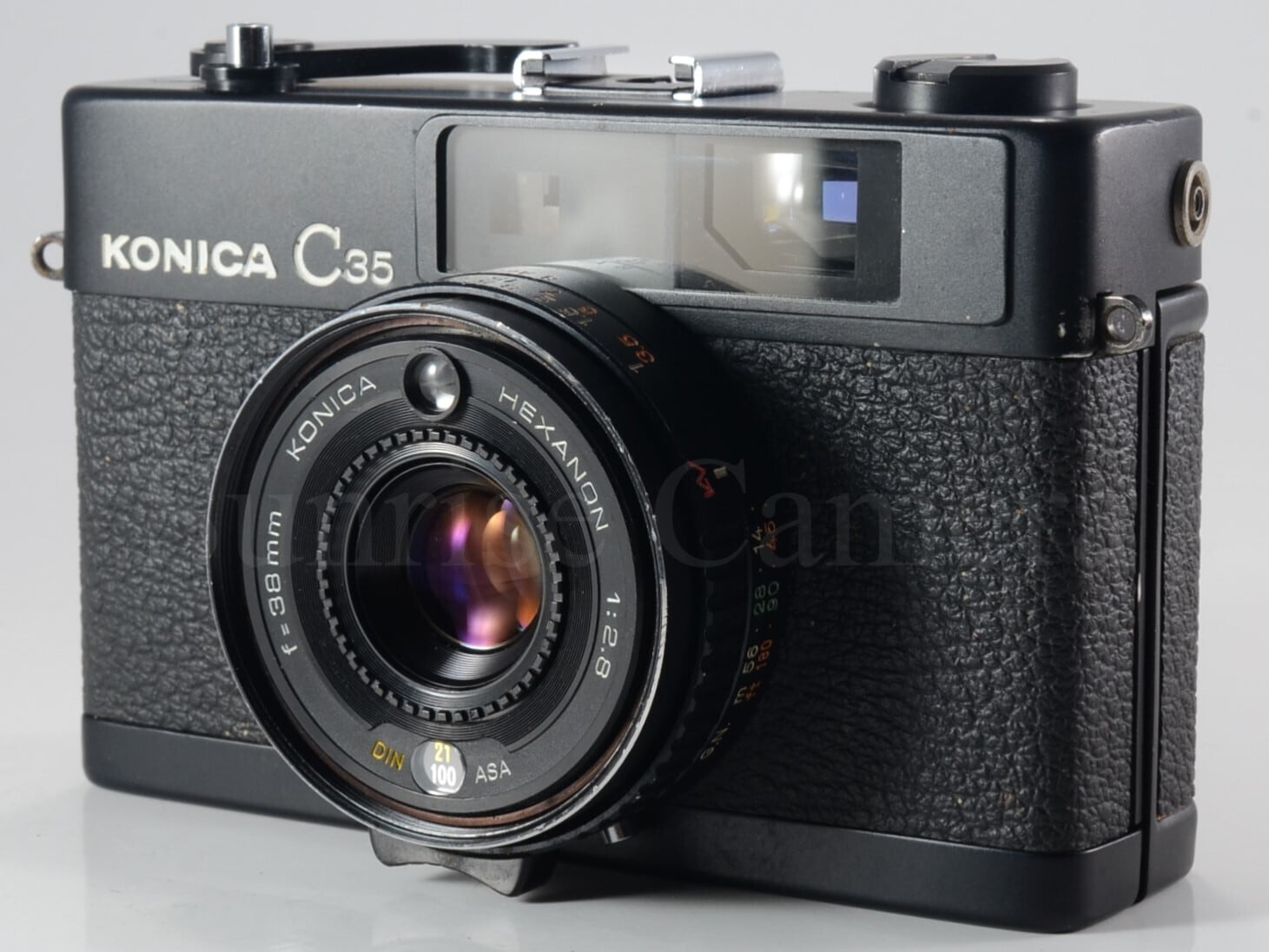 【実写確認整備品】コニカC35FDB.K／ヘキサノン38mmf1.8コニフード付 KONICA C35 ブラック / HEXANON 38mm F1.8 整備済 コニカ (60087