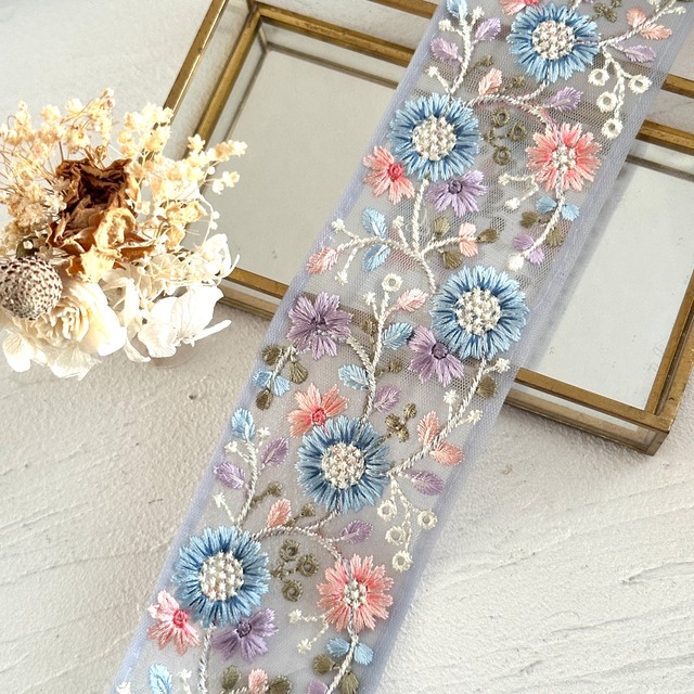 キュートクレスト  [サックス]インド刺繍リボン 3502