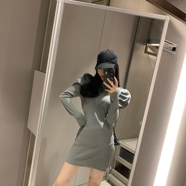 送料無料 2色 ワンピース 長袖ワンピース 長袖 パワーショルダー パワショル ミニワンピース ミニ丈 ショート丈 タイトワンピース タイト スリム フィット ハイネック くびれ セクシー 無地 シンプル 大人 上品 きれいめ エレガント デート お出かけ 春 秋 グレー