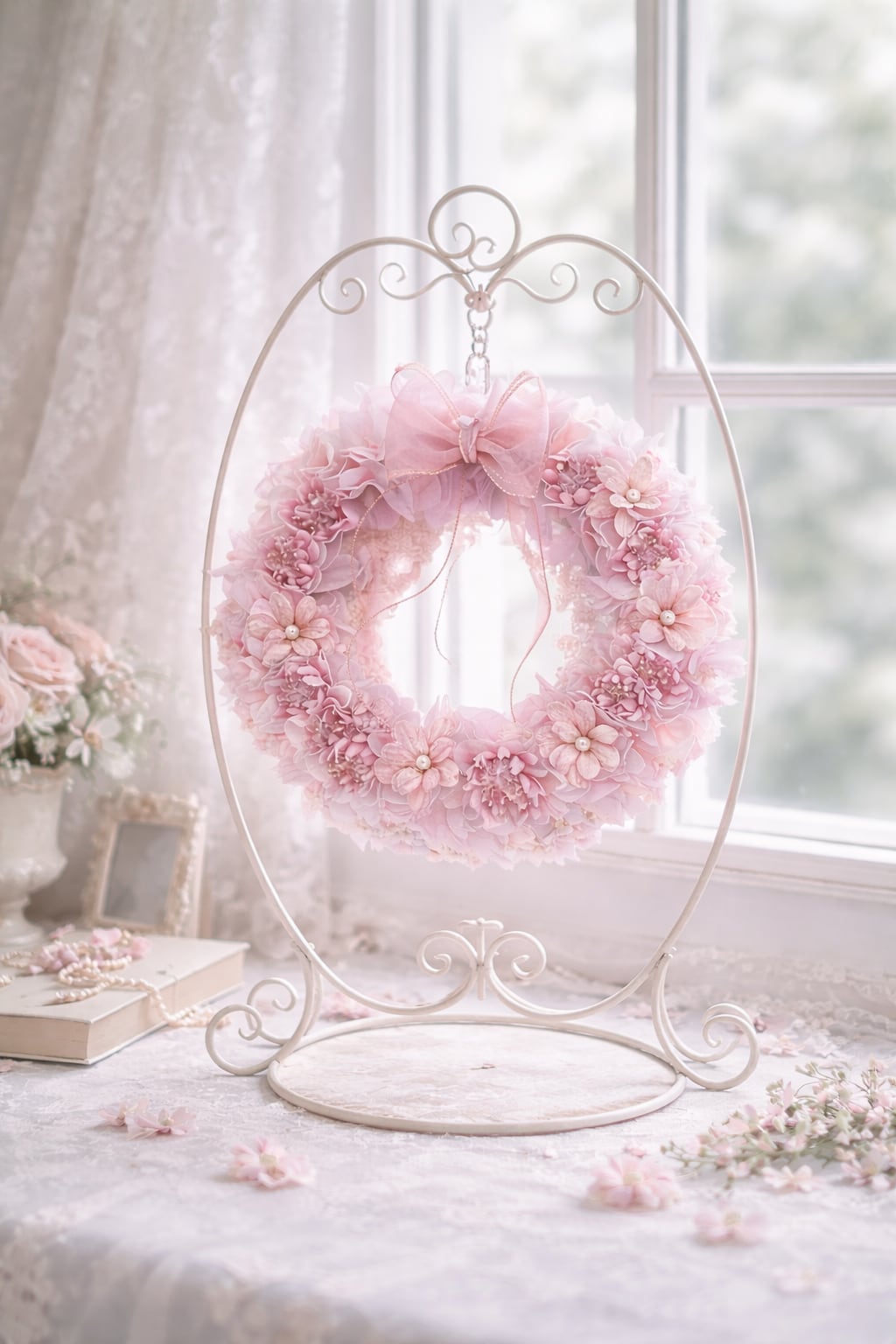 やさしいナチュラルリース 【WR-008】径20㎝│オーガンジーリボン付き│ギフトBOX入り|贈り物に│ナチュラルインテリア