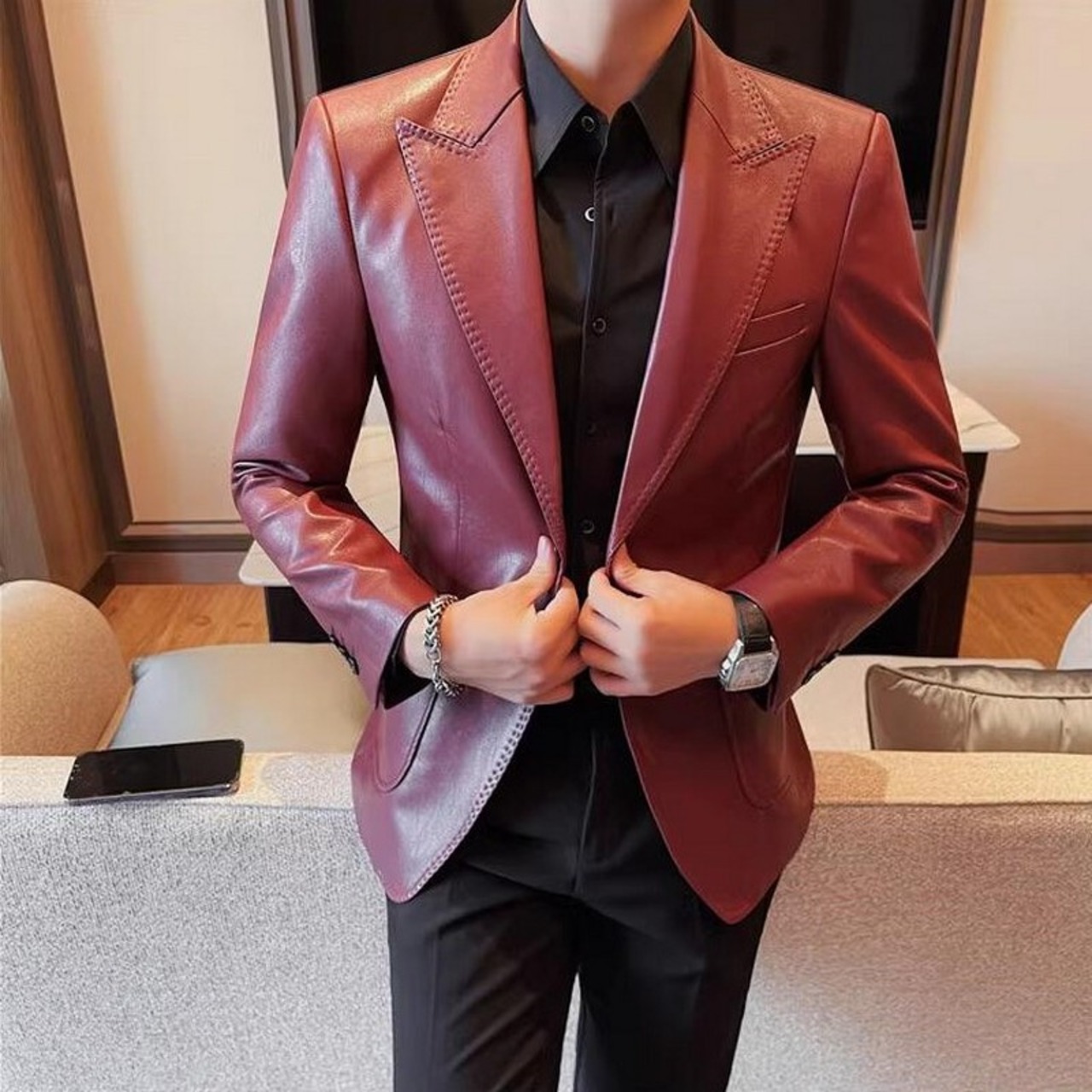 slim leather shirt 00085