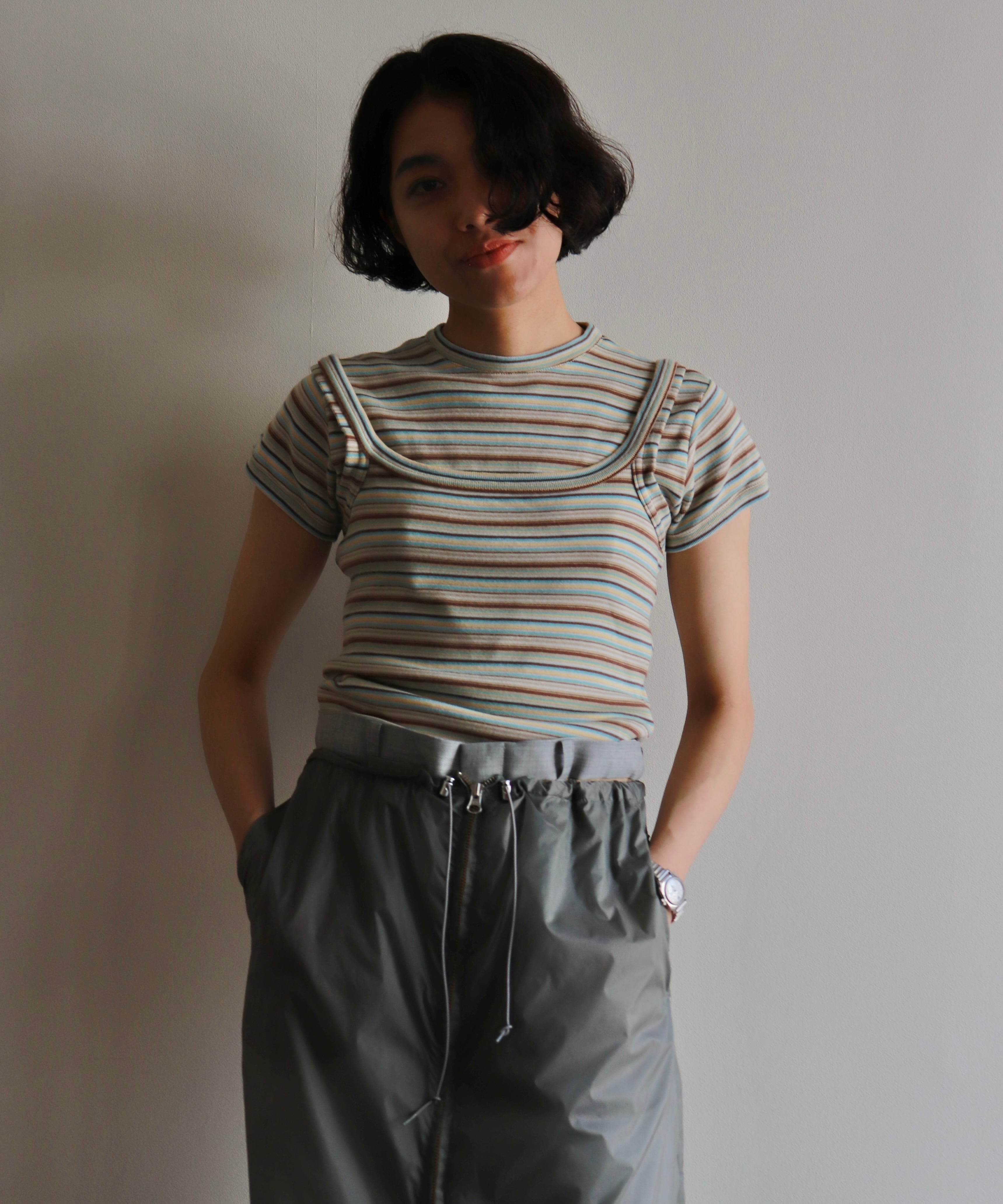 FUMIKA_UCHIDA / FU-V-CS003 MULTICOLOR STRIPE T-SHIRT (WHITE/BEIGE  