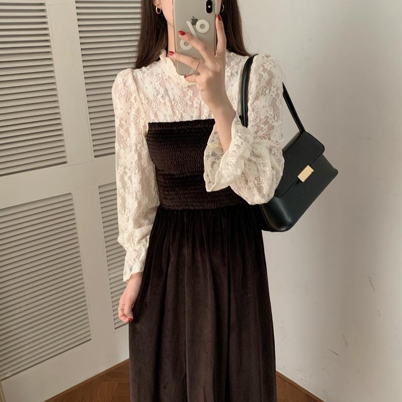 スタンダードレースベルベットドレス ロングスカート レディース レトロ ステッチ ビッグFスモールZ韓国1661677250