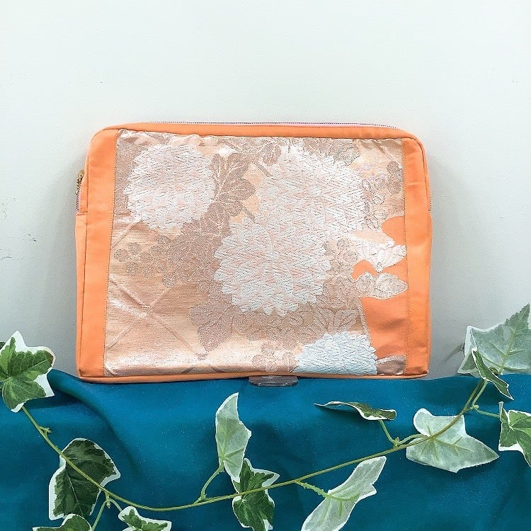 着物 PCバッグ 13インチ 着物帯リメイク ピンク 菊 萩 雲 日本製