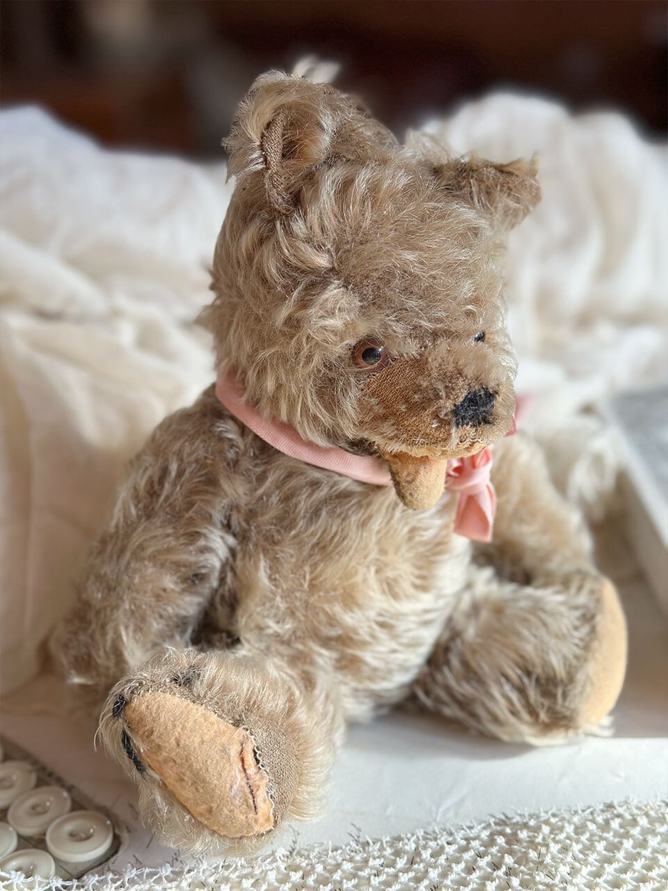 ピンクリボンのオープンマウスベア くま ぬいぐるみ | Brocante de La