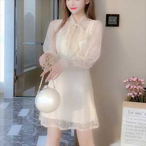 【送料無料】 ミニドレス レース Aライン フレア エレガント系 きれいめ 大人可愛い フェミニン系 リボン 透け感 シースルー 長袖 30代 40代 ビジュー装飾 春 パーティ 結婚式 二次会 お出かけ 女子会 デイリーユース お茶会 お呼ばれ レディースファッション 可愛い