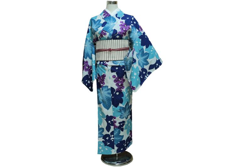 撫松庵 ゆかた ぶどう ブルー お仕立て上がり ポリエステル100 撫松庵 ゆかた ぶどう ブルー お仕立て上がり ポリエステル100