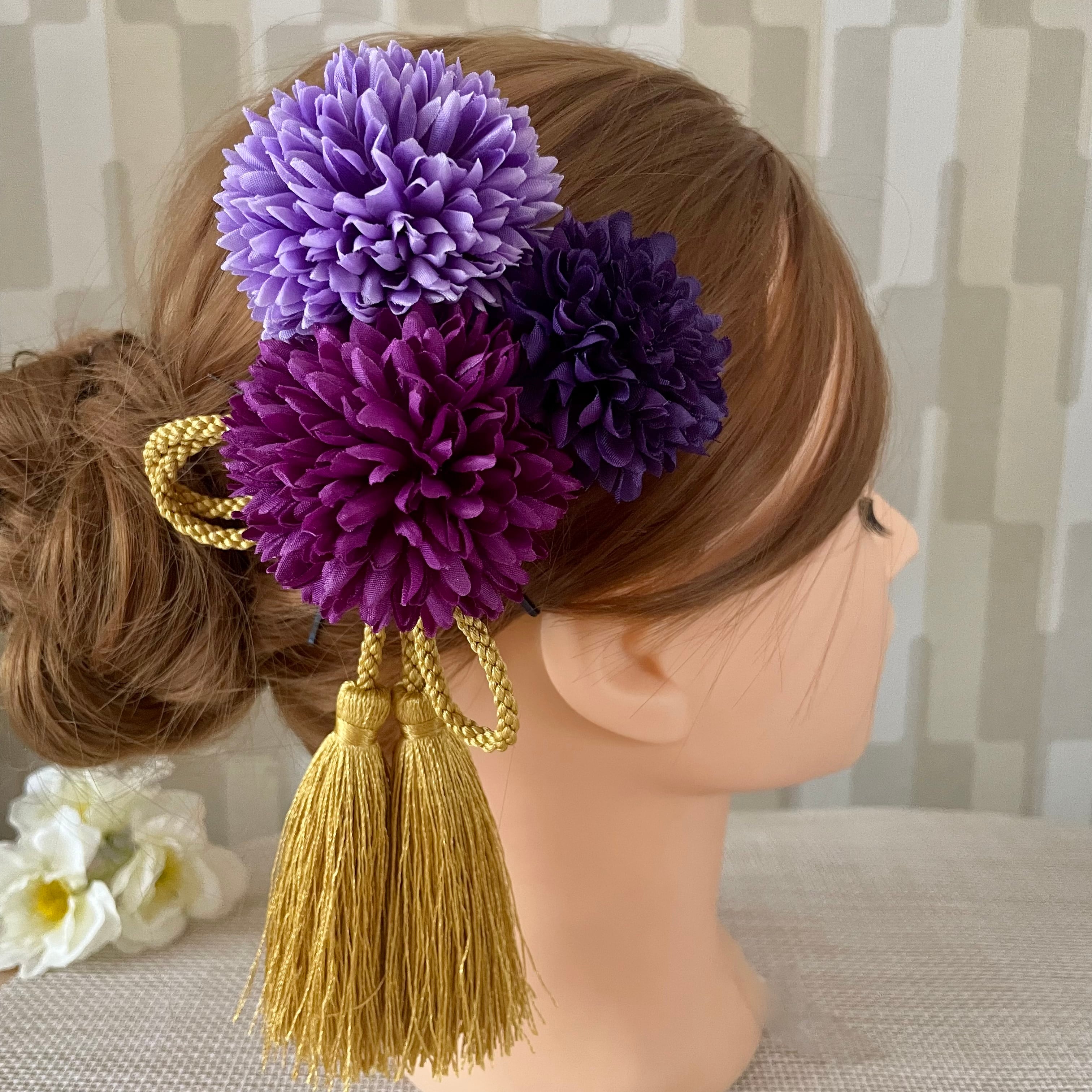 つまみ細工 髪飾り 916315v バイオレット 紫 菊 花びら シルク ちりめん 成人式 振袖 髪飾り 卒業式 袴 髪飾り 結婚式 和服 和装 着物 浴衣 つまみ細工＊髪飾り（紫） | iichi 日々の暮らしを心地よくする