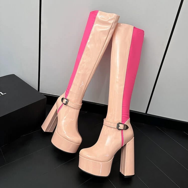 size26.5cmあり】デザインベルトバイカラーロングブーツ14cm全4色