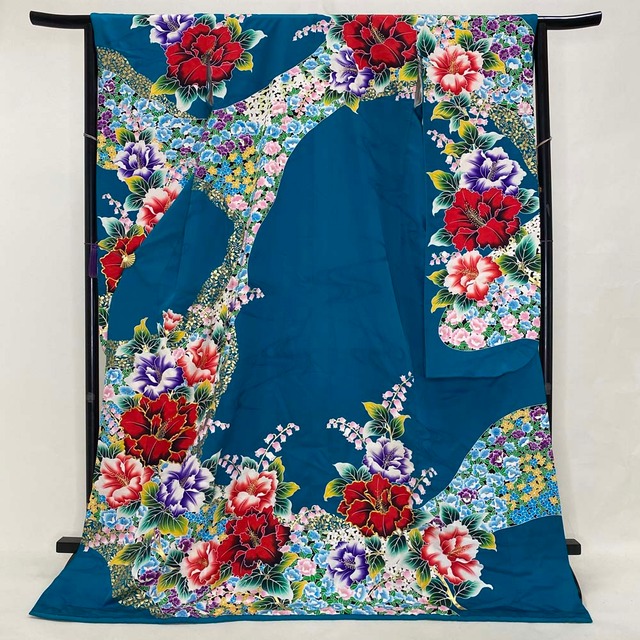 本振袖 引き振袖 正絹 エメラルドグリーン 花柄 古典 刺繍 結婚式 比翼仕立て 裄64.5cm 身丈178cm Aランク 花嫁衣装 Mサイズ 3679