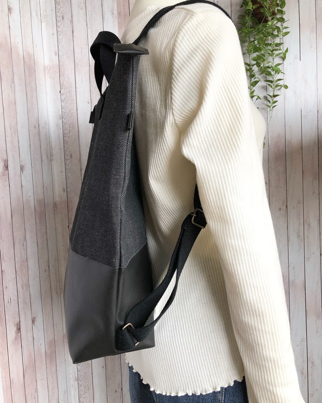 黒猫トートリュック【デニム×レザー】