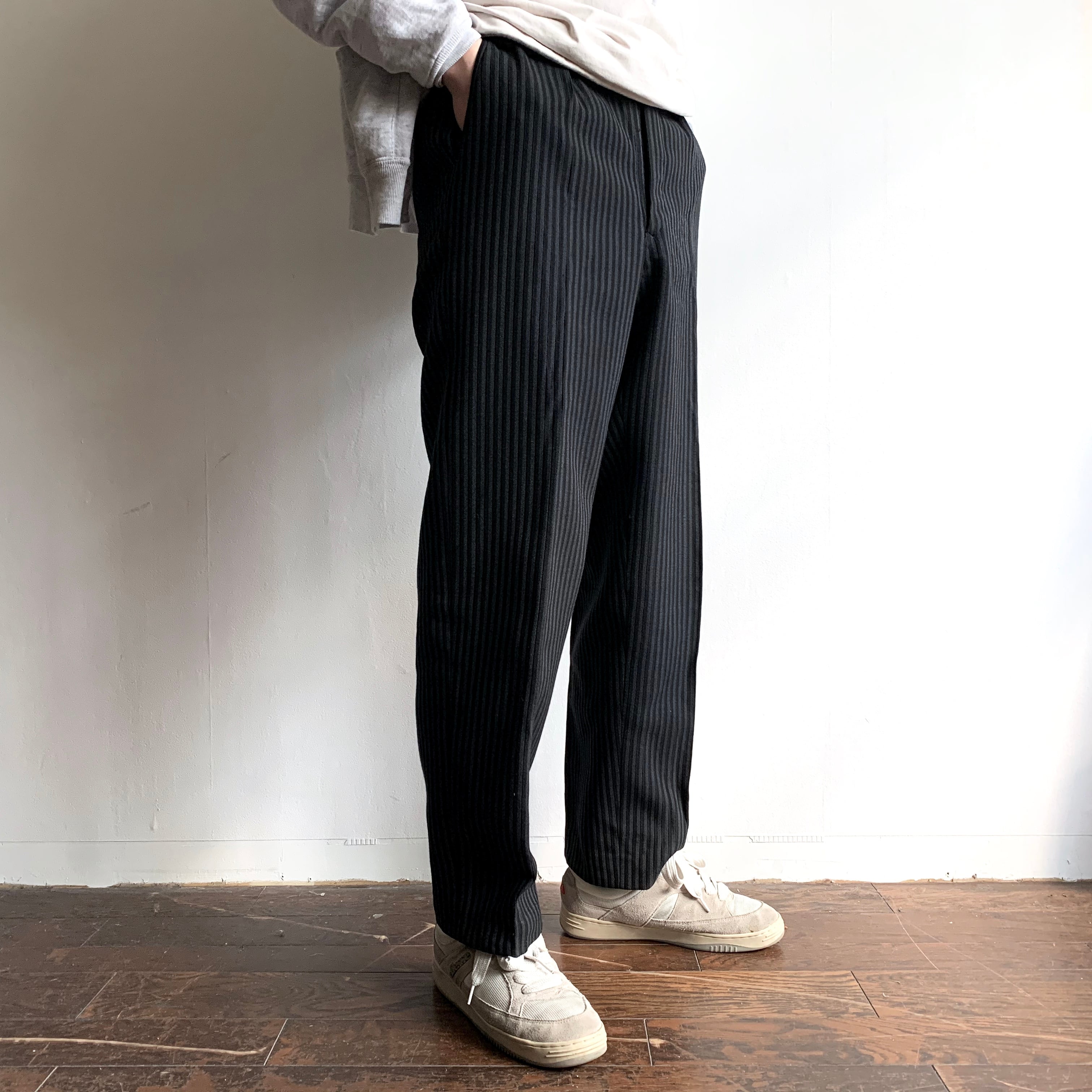 1208. euro vintage stripe trousers ブラック ストライプトラウザース 