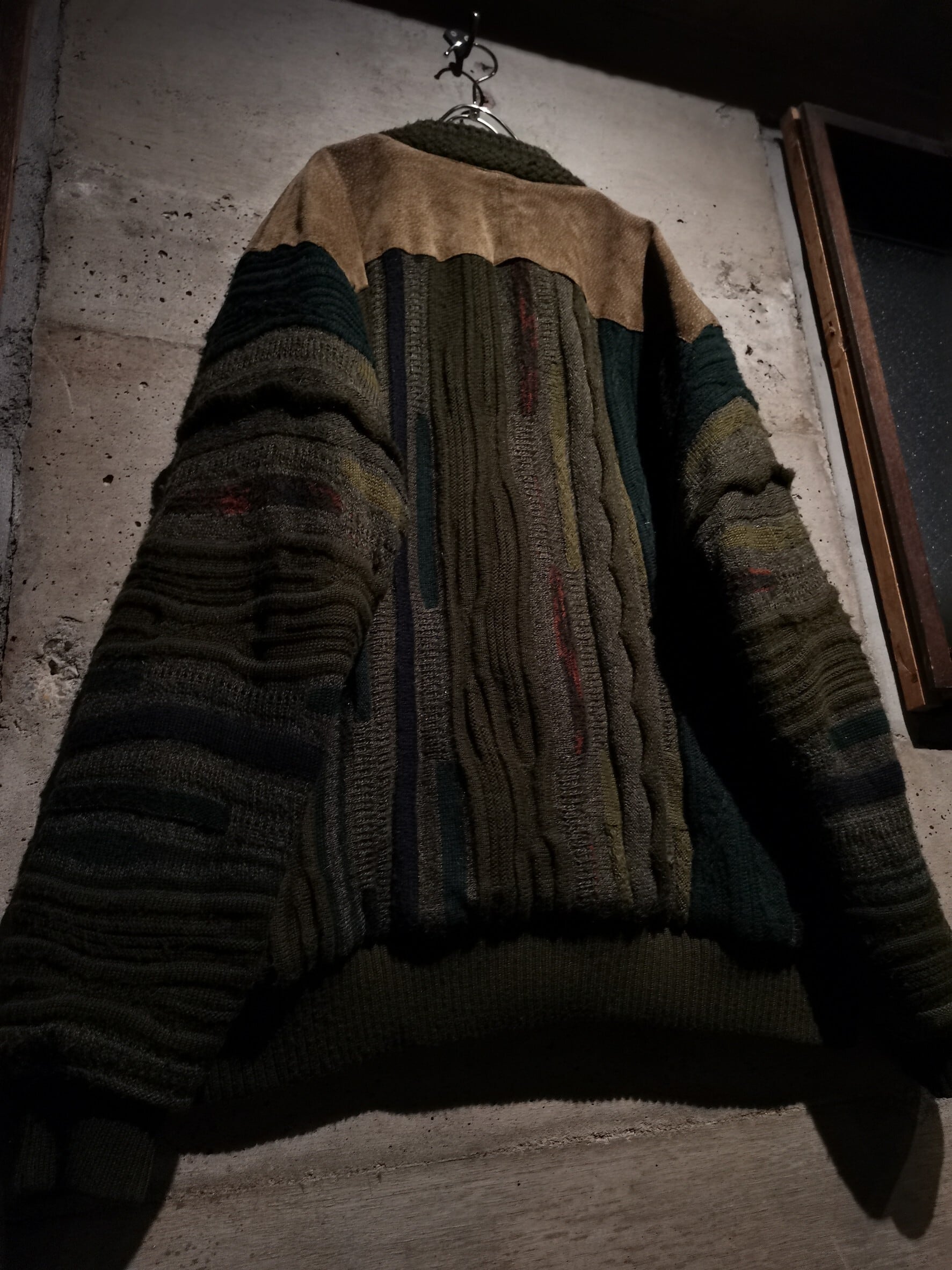 Caka】Suede Leather Switching Vintage Loose 3D Knit Cardigan 