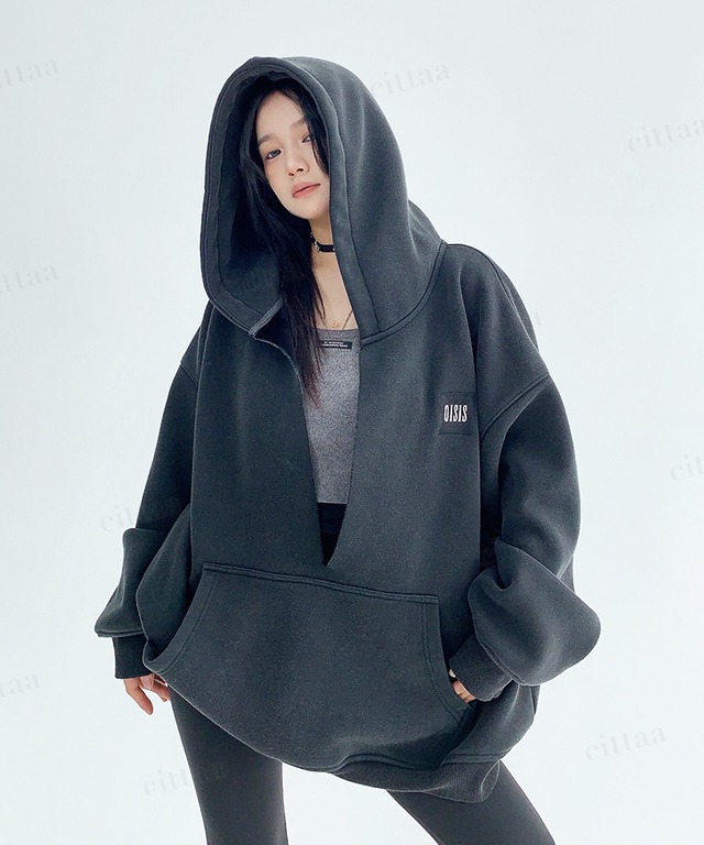 ★予約★D-1333　2026秋新作♡OISIS刺繍デザイン深Vネックヘビーウェイトフーディー　ブラック