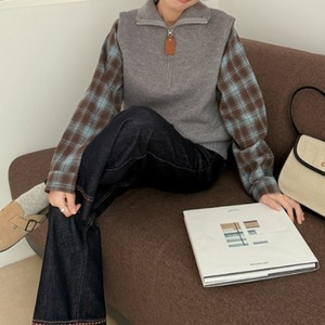 <3カラー>トップス ニットベスト ハーフジップ チェックシャツ レイヤード風 カジュアル 大人可愛い レディース