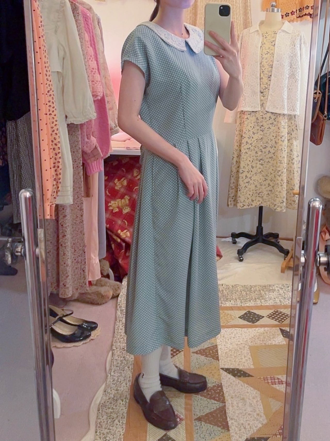 lace collar light green dot one-piece