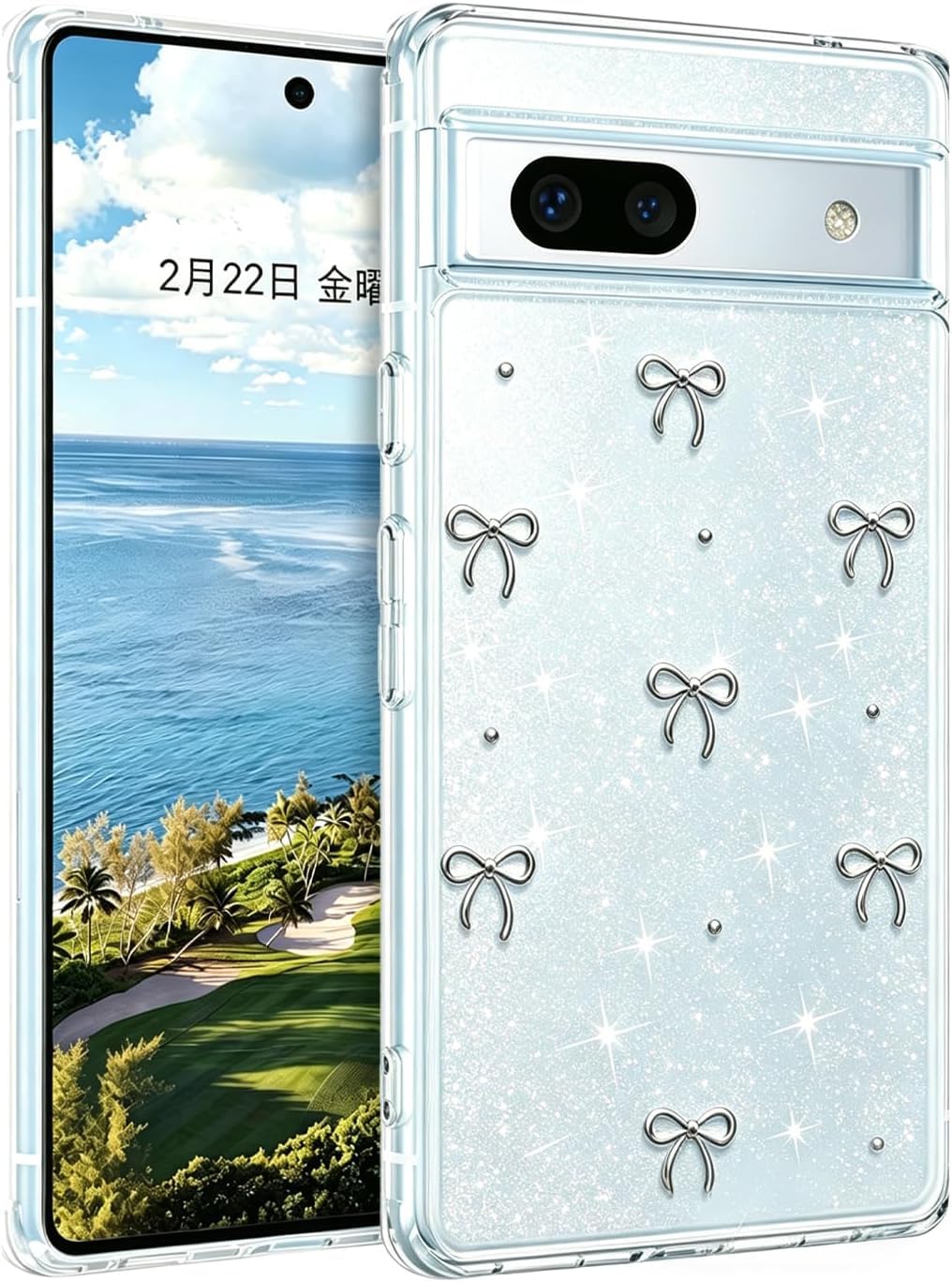 Cobenga Google Pixel 7a 用 ケース クリア キラキラ ミニリボン 韓国風 可愛い 立体装飾 耐衝撃 透明ケース Google Pixel 7a 対応 シルバー