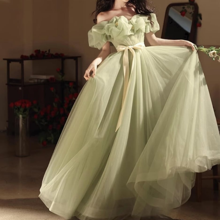 ボリュームオフショルダーチュールドレス 2color D1294