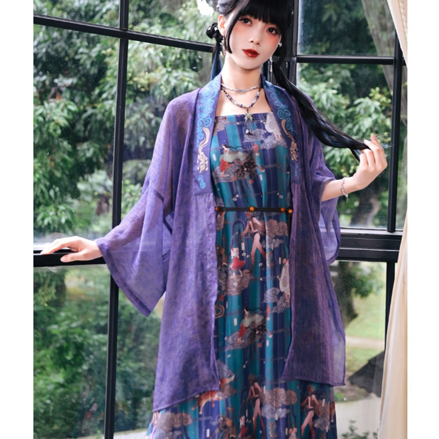 中華ゴシック チャイナ服 中華服 古怪舎 ロングカーディガン 羽織り シフォン 紫 中華系ファッション 30代ファッション 夏服