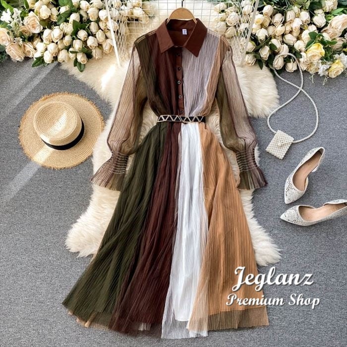 シャツ ワンピース ドレス 肌透け ベルト付き カラーブロック (Z1672)γ