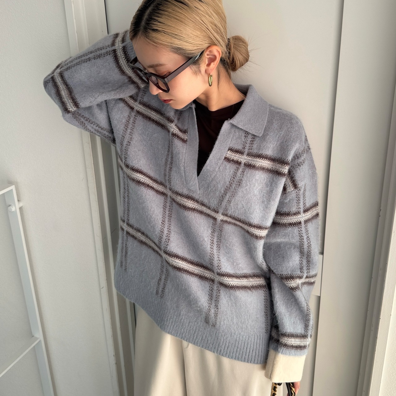 チェック柄スキッパーモヘアタッチknit/ペールブルー
