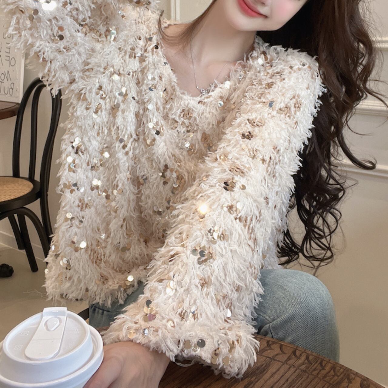 スパンコール フェザー ルーズ ニット-アプリコット