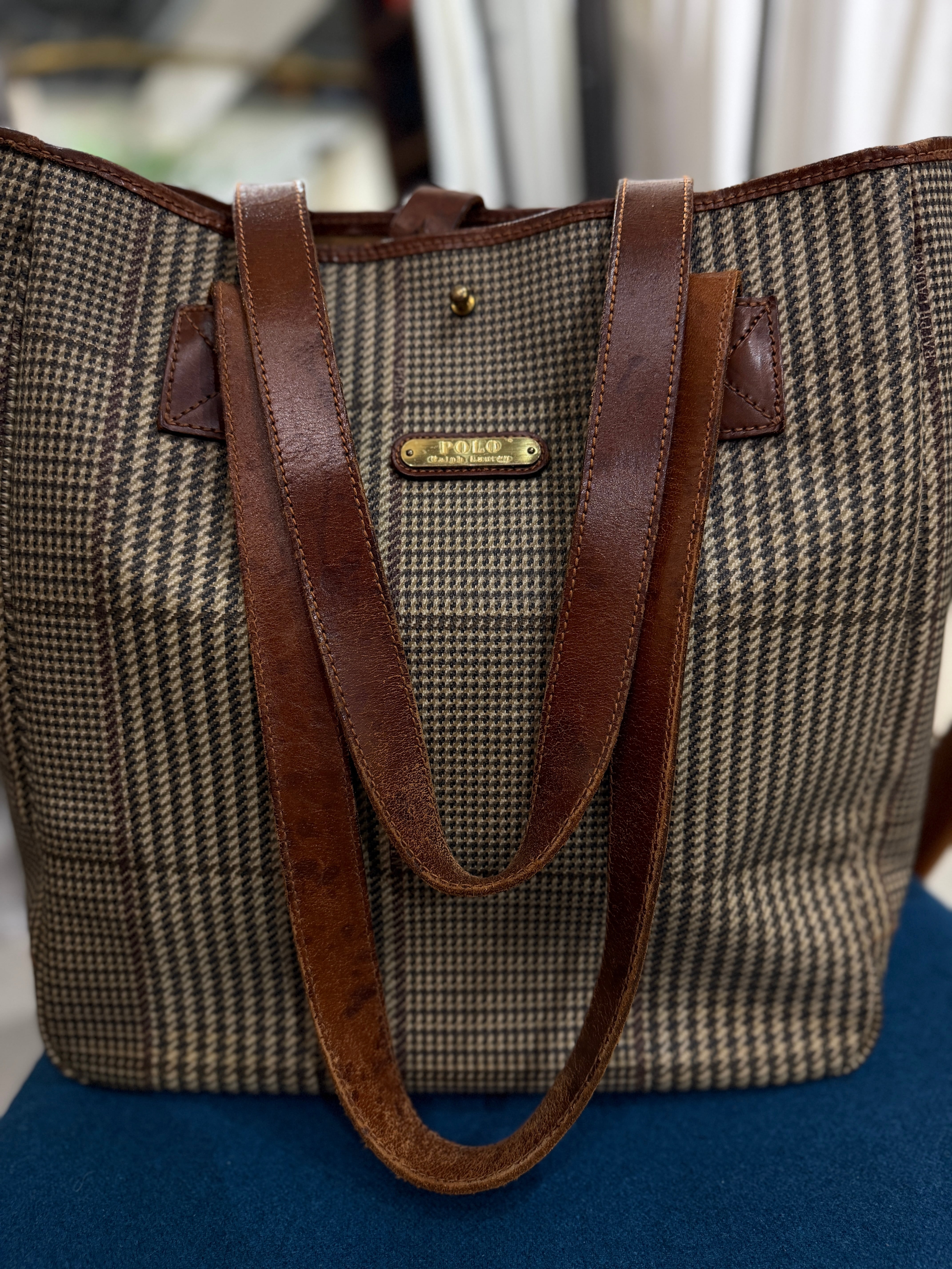 (AC1044)Polo Ralph Lauren leather handle houndstooth PVC tote bag