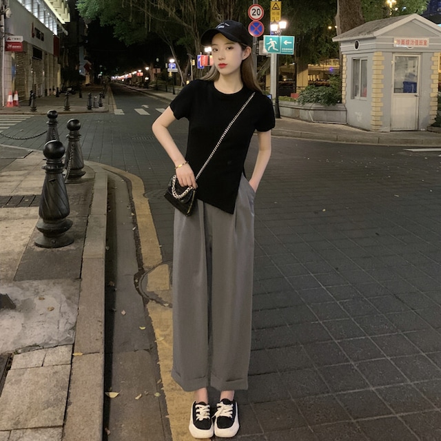 【楽々テロパンツ★スラックス パンツ】ヘビロテ 春 夏 秋 韓国風 7分丈 ストレートパンツ ベーシック レディース メンズライク ストレートパンツ