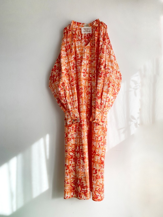 Two way raglan sleeve bow tie long dress "block print orange flower & check" organic cotton