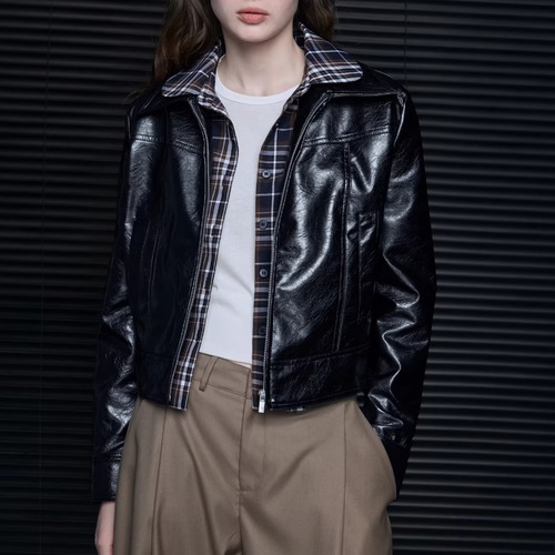 PUレザーフェイクレイヤードジャケット ・20964
