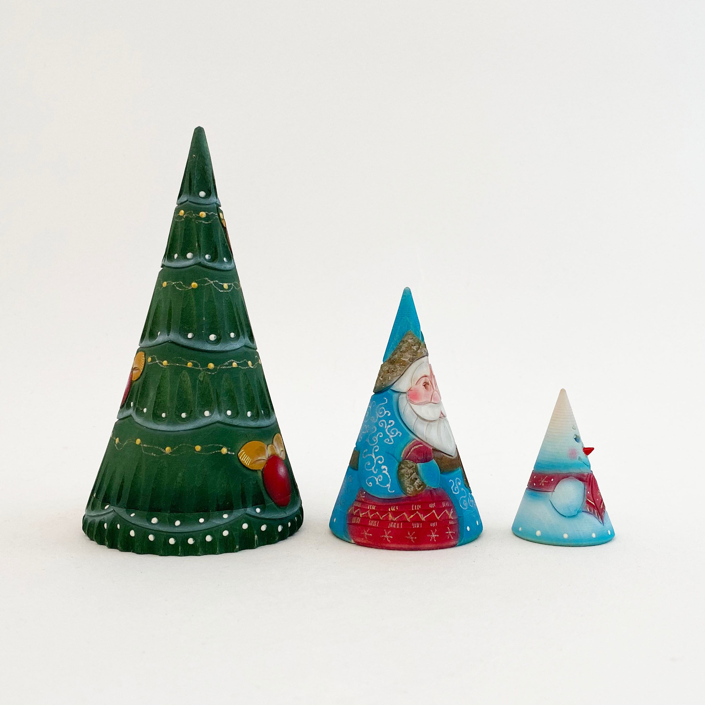 ツリー 円錐型木彫マトリョーシカ(コブロフ工房/3個組)