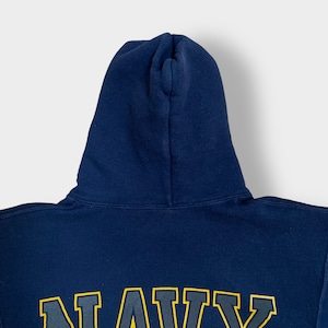 【SOFFE】90s USA製 リフレクター付き ロゴ プリント US NAVY バックプリント パーカー プルオーバー スウェット フーディー hoodie S ネイビー ソフィー 米軍 アメリカ軍 ミリタリー us古着