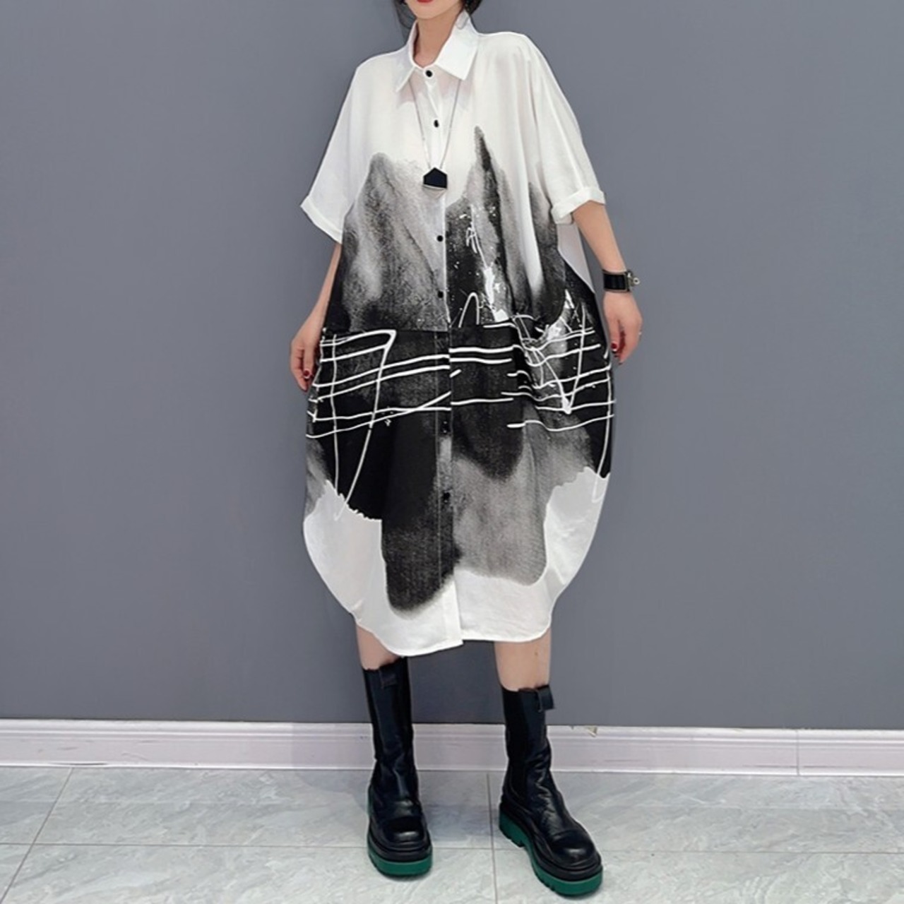 Ink Pattern Shirt Dress / インク パターン シャツ ワンピース
