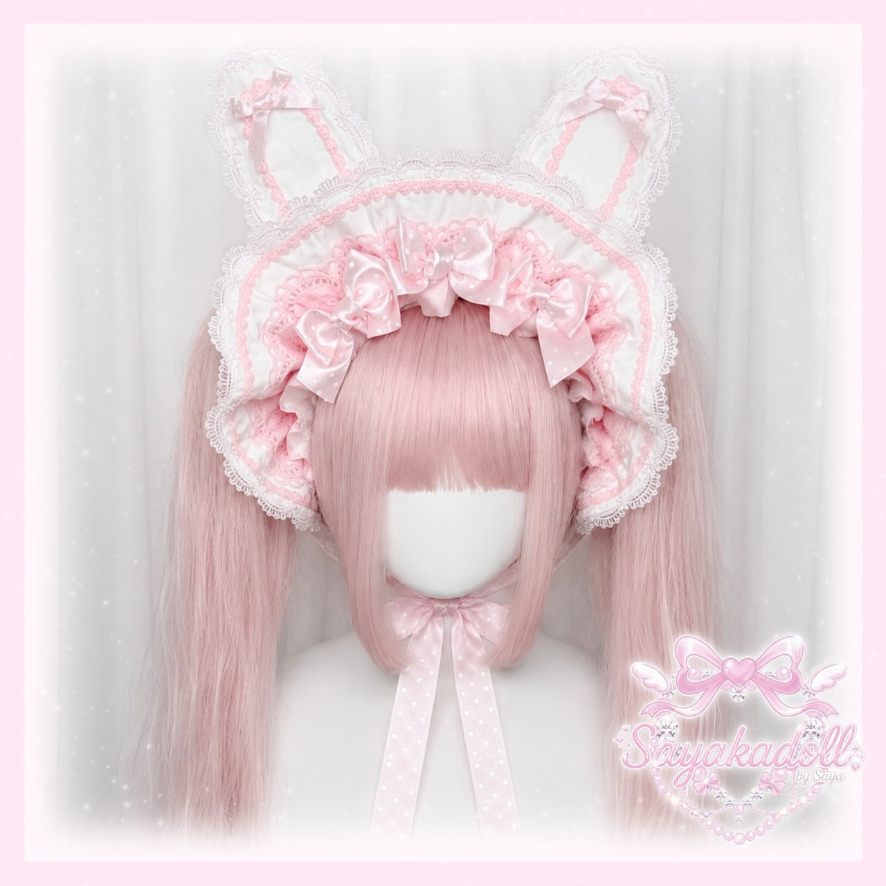 ♡【全9色】MAID うさみみフリルレースリボンハーフボンネット pink ♡