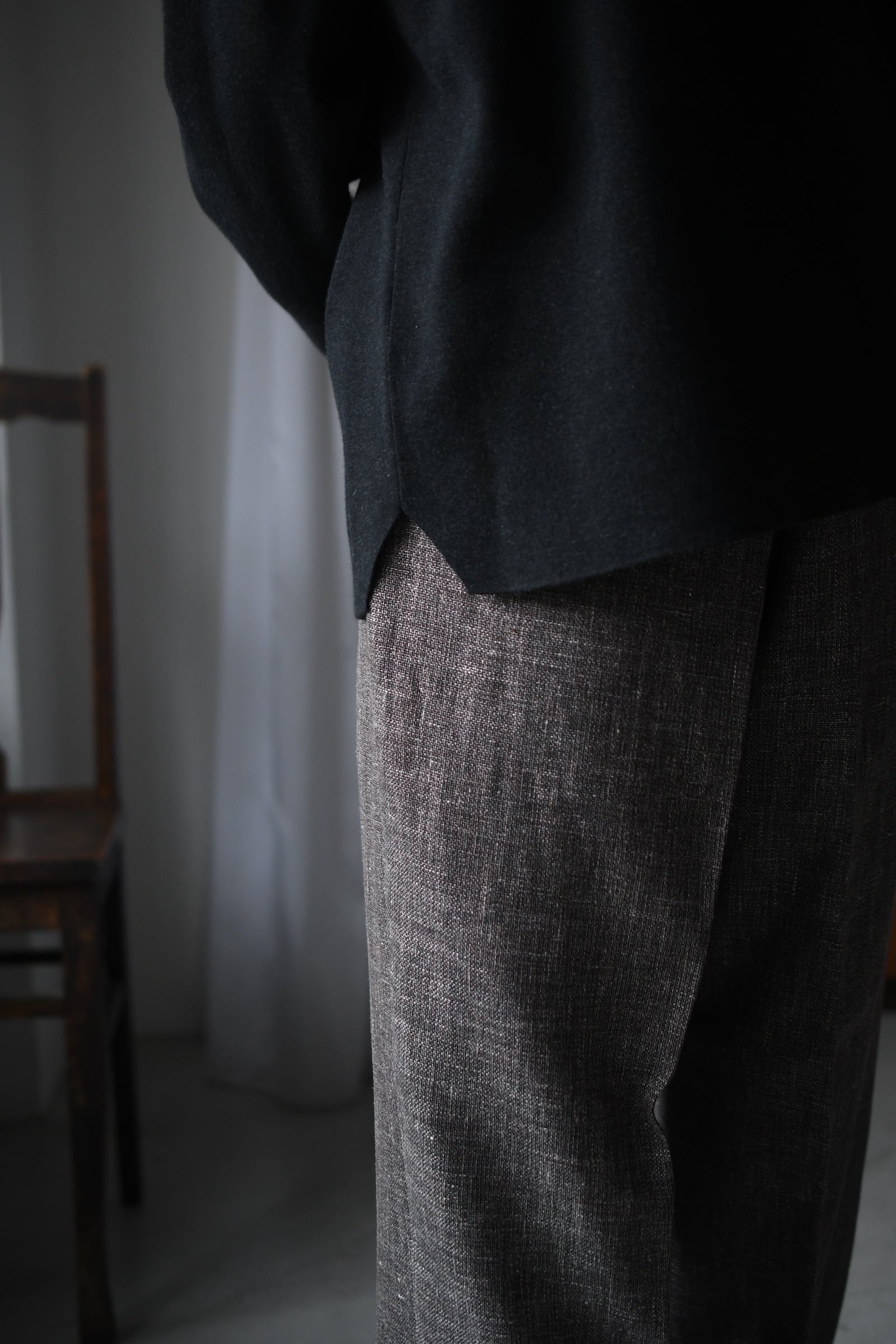 BATONER / 32G SMOOTH KNIT CREW NECK CARDIGAN (Melange Black) | nariwai