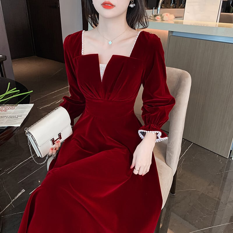 ワンピース レトロ ビロード 赤 気質アップ パーティー ロングワンピース レッド S M L XL DressZone 七部丈 ワンピース 配色 赤 レッド ロング