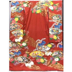 着物・引き振袖・扇・花・赤系地・No.200701-1679・梱包サイズ80