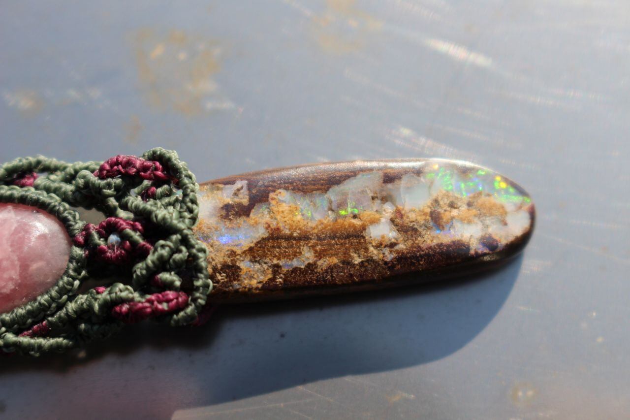 Boulder opal & Rhodochrosite micromacrame pendant