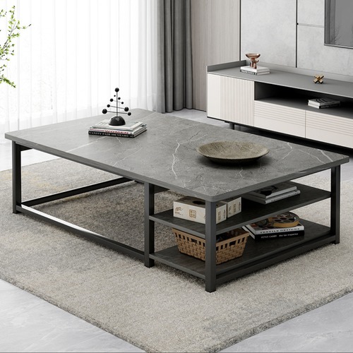 コーヒーテーブル 長方形 収納付き 大理石調 インダストリアル モダン リビング ローテーブル 二段 スチール脚 北欧 おしゃれ