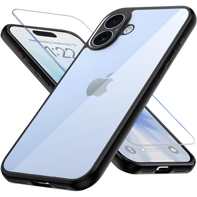 YAOYAOLX For いPhone 17 ケースクリア ガラスフィルム付き アイフォン 17カバー 黒色TPUフレーム + 透明PCバックパネル 2重構造 耐衝撃 米軍MIL規格 レンズ保護 滑り止め 透明 指紋防止 ストラップホール付き 黄ばみ防止 あいふおん17 カバー クリア